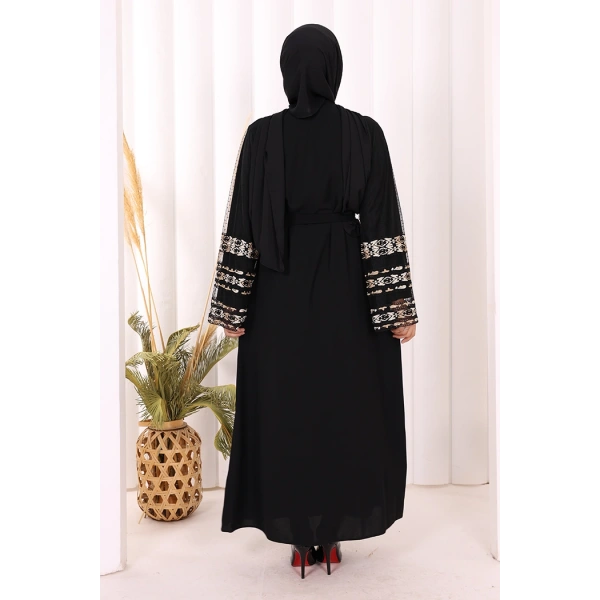 Kol İşlemeli Bel Kuşaklı Abaya 7814 Siyah