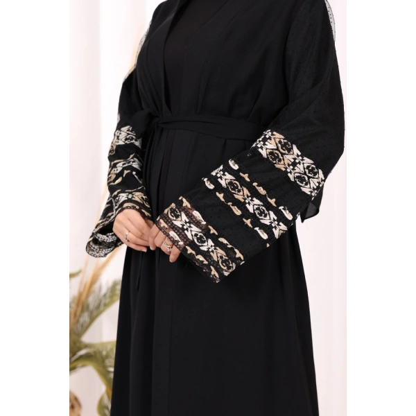 Kol İşlemeli Bel Kuşaklı Abaya 7814 Siyah