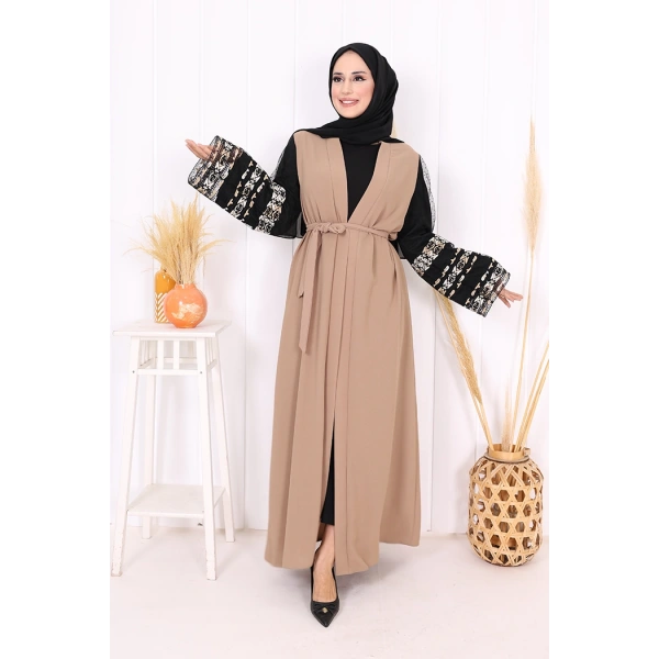 Kol İşlemeli Bel Kuşaklı Abaya 7814 Vizon