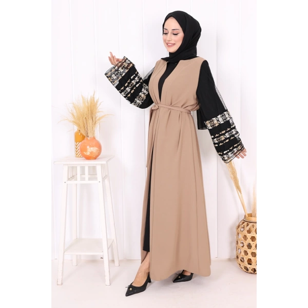 Kol İşlemeli Bel Kuşaklı Abaya 7814 Vizon