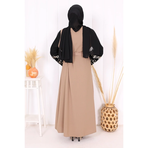 Kol İşlemeli Bel Kuşaklı Abaya 7814 Vizon