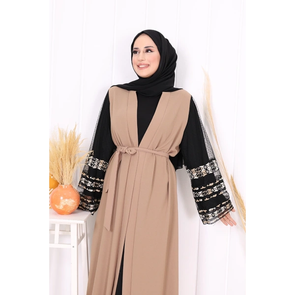Kol İşlemeli Bel Kuşaklı Abaya 7814 Vizon