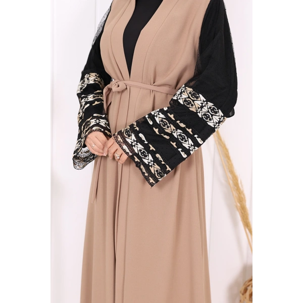 Kol İşlemeli Bel Kuşaklı Abaya 7814 Vizon