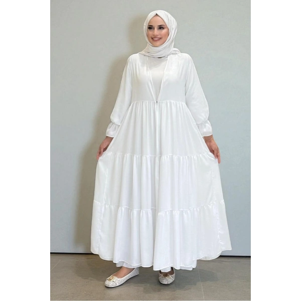 Kol Lastikli Kat Görünümlü Abayalı Elbise Takım 3859 Ekru