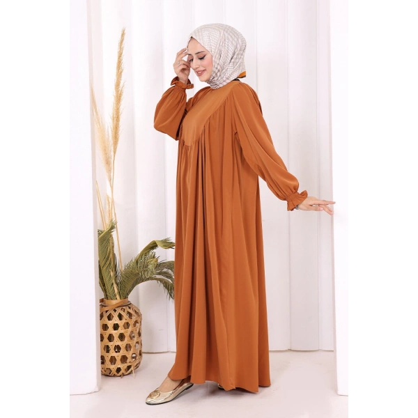 Kol Manşetleri Büzgülü Elbise 6004 Taba