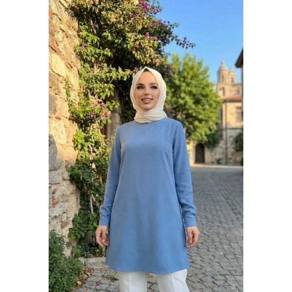 Kol Manşetleri Düğmeli Bisiklet Yaka Uzun Tunik 2649 İndigo
