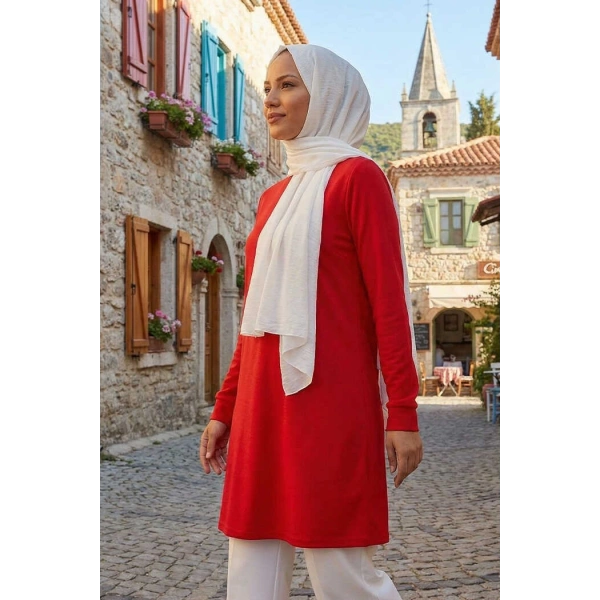 Kol Manşetleri Düğmeli Bisiklet Yaka Uzun Tunik 2649 Kırmızı