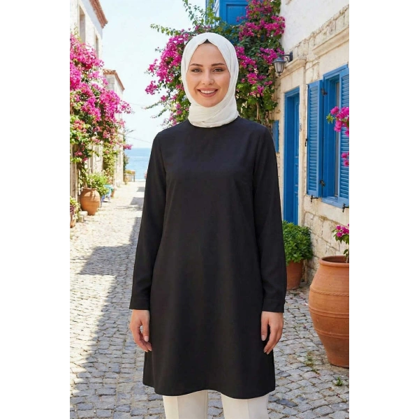 Kol Manşetleri Düğmeli Bisiklet Yaka Uzun Tunik 2649 Siyah
