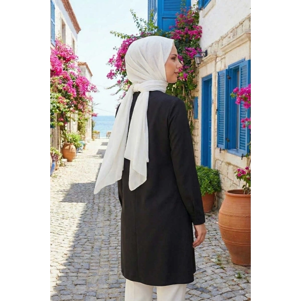 Kol Manşetleri Düğmeli Bisiklet Yaka Uzun Tunik 2649 Siyah