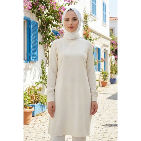 Kol Manşetleri Düğmeli Bisiklet Yaka Uzun Tunik 2649 Taş