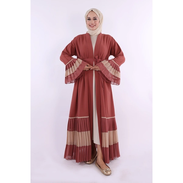 Kol ve Etek Ucu İki Renkli Bel Kuşaklı Piliseli Abaya 7454 Gül Kurusu