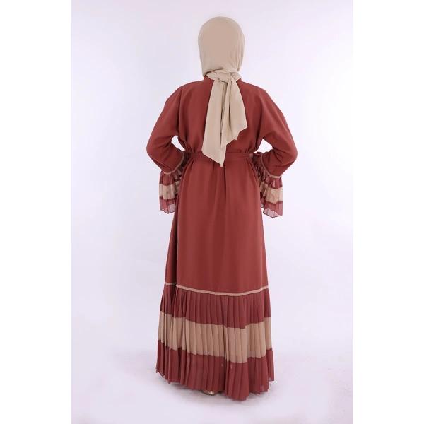 Kol ve Etek Ucu İki Renkli Bel Kuşaklı Piliseli Abaya 7454 Gül Kurusu