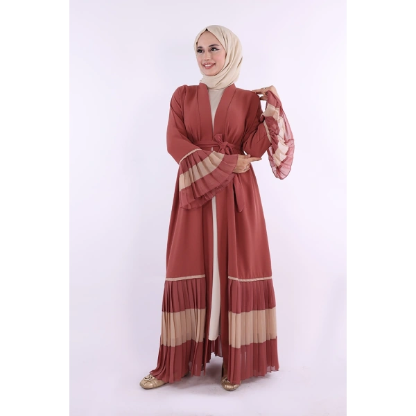 Kol ve Etek Ucu İki Renkli Bel Kuşaklı Piliseli Abaya 7454 Gül Kurusu
