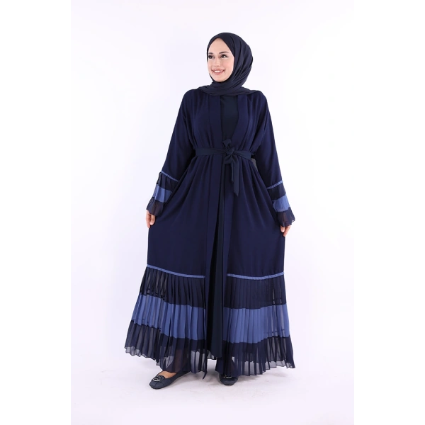 Kol ve Etek Ucu İki Renkli Bel Kuşaklı Piliseli Abaya 7454 Lacivert