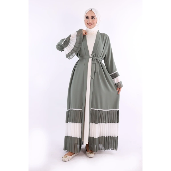Kol ve Etek Ucu İki Renkli Bel Kuşaklı Piliseli Abaya 7454 Mint