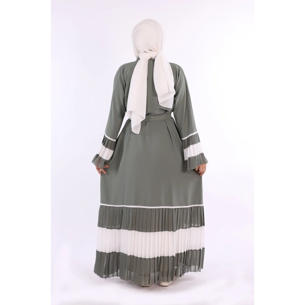 Kol ve Etek Ucu İki Renkli Bel Kuşaklı Piliseli Abaya 7454 Mint