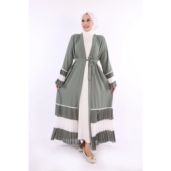 Kol ve Etek Ucu İki Renkli Bel Kuşaklı Piliseli Abaya 7454 Mint