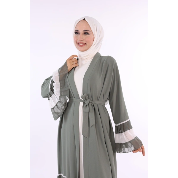 Kol ve Etek Ucu İki Renkli Bel Kuşaklı Piliseli Abaya 7454 Mint