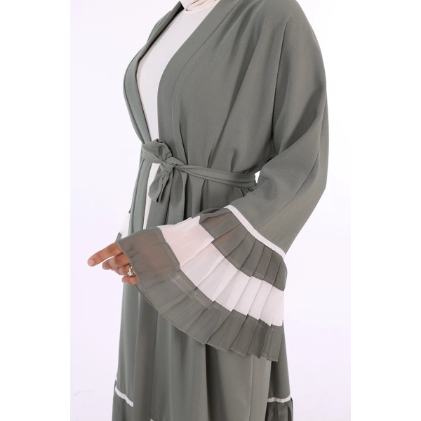 Kol ve Etek Ucu İki Renkli Bel Kuşaklı Piliseli Abaya 7454 Mint