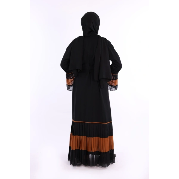 Kol ve Etek Ucu İki Renkli Bel Kuşaklı Piliseli Abaya 7454 Siyah-Taba