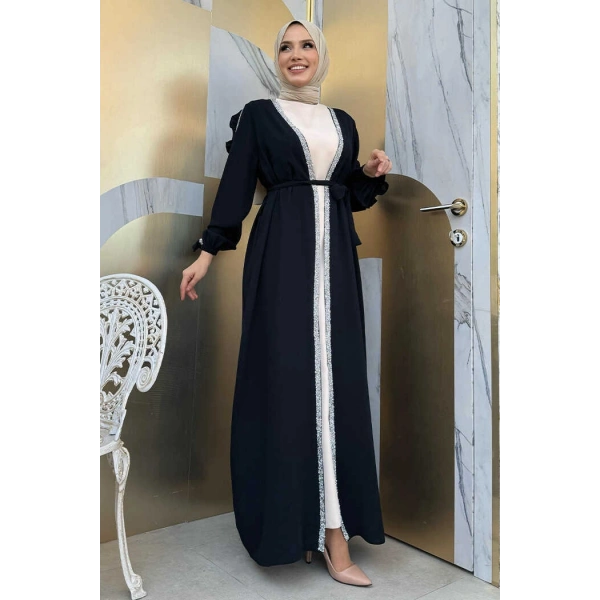 Kolları Fırfırlı Taş Detay Abayalı Takım 8484 Siyah
