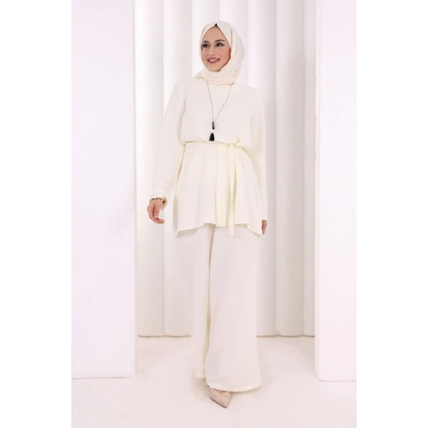 Kolyeli Tunik Pantolon Takım 8027 Ekru