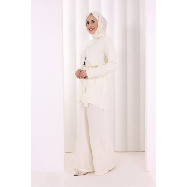 Kolyeli Tunik Pantolon Takım 8027 Ekru