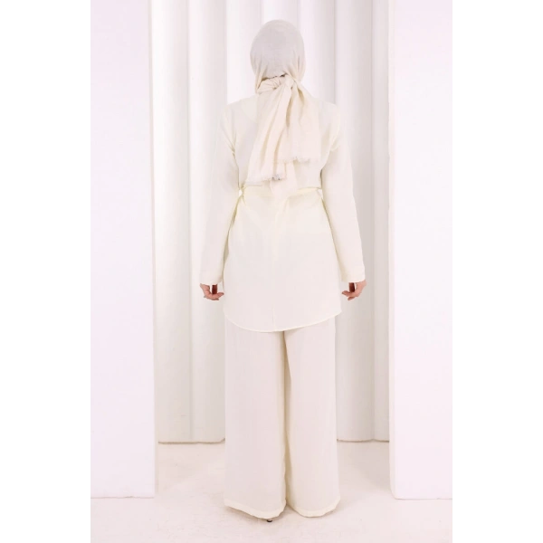 Kolyeli Tunik Pantolon Takım 8027 Ekru