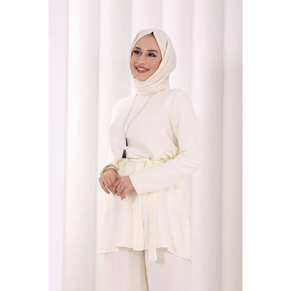 Kolyeli Tunik Pantolon Takım 8027 Ekru