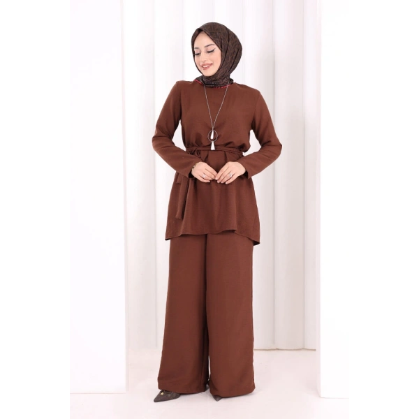 Kolyeli Tunik Pantolon Takım 8027 Kahverengi