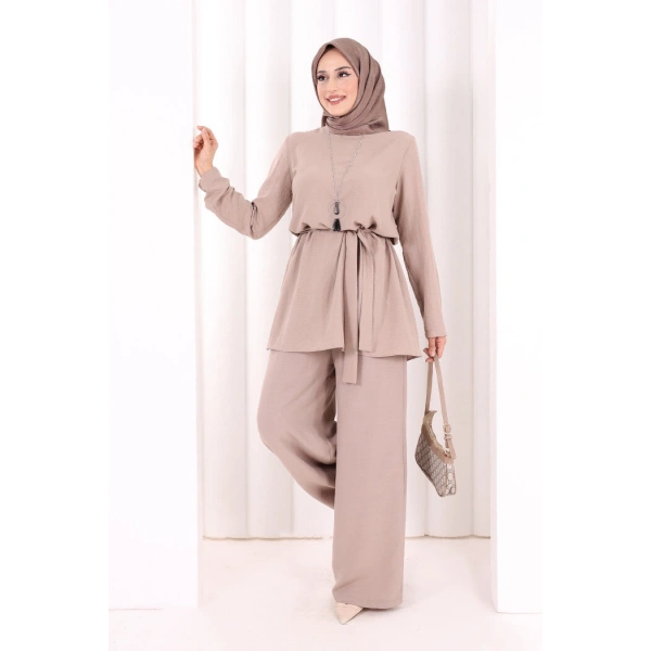 Kolyeli Tunik Pantolon Takım 8027 Vizon
