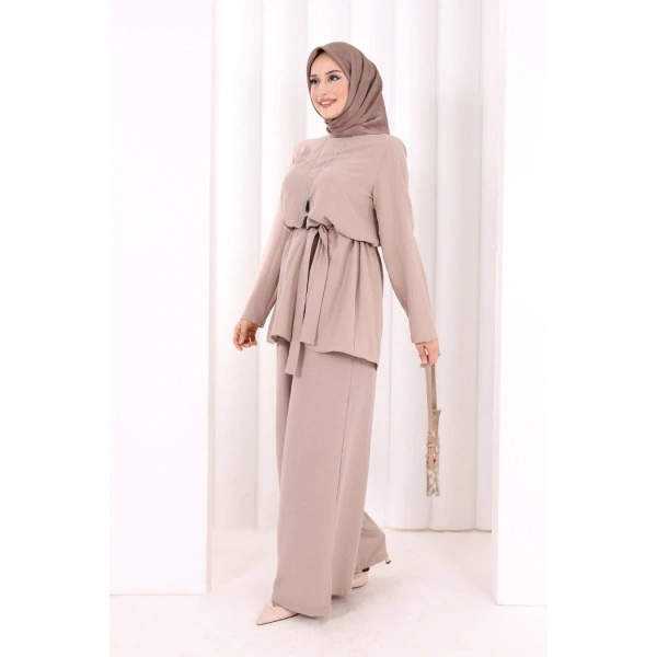 Kolyeli Tunik Pantolon Takım 8027 Vizon