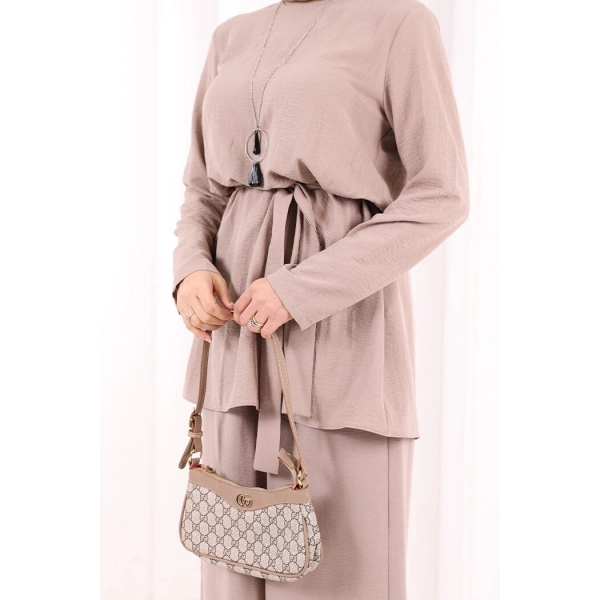 Kolyeli Tunik Pantolon Takım 8027 Vizon