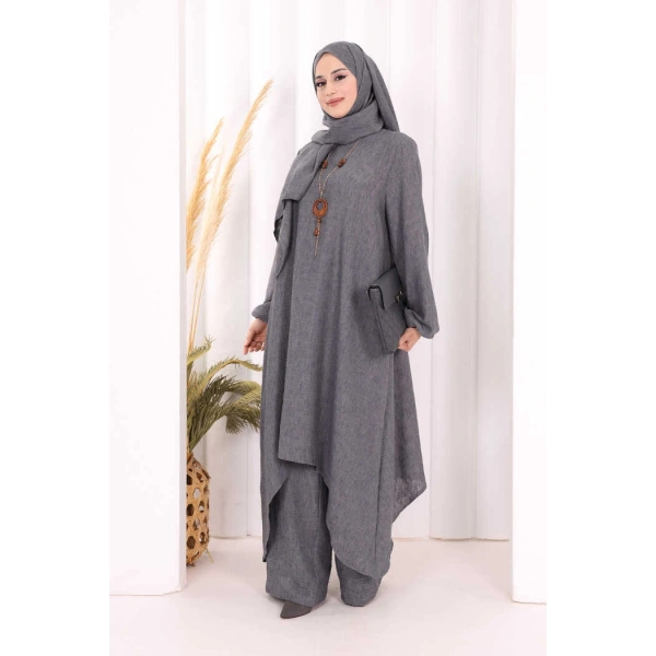Kolyeli Tunik Pantolon Takım ŞAL HEDİYE! 8020 Antrasit