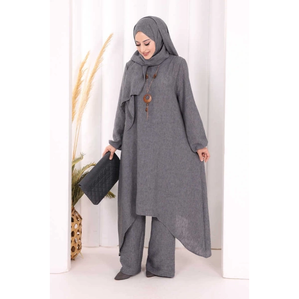 Kolyeli Tunik Pantolon Takım ŞAL HEDİYE! 8020 Antrasit