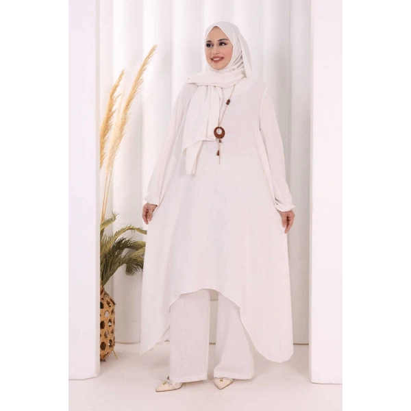 Kolyeli Tunik Pantolon Takım ŞAL HEDİYE! 8020 Ekru