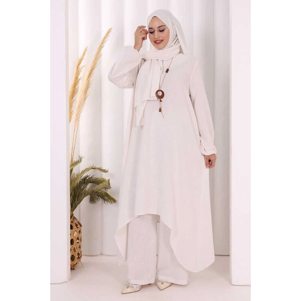 Kolyeli Tunik Pantolon Takım ŞAL HEDİYE! 8020 Ekru