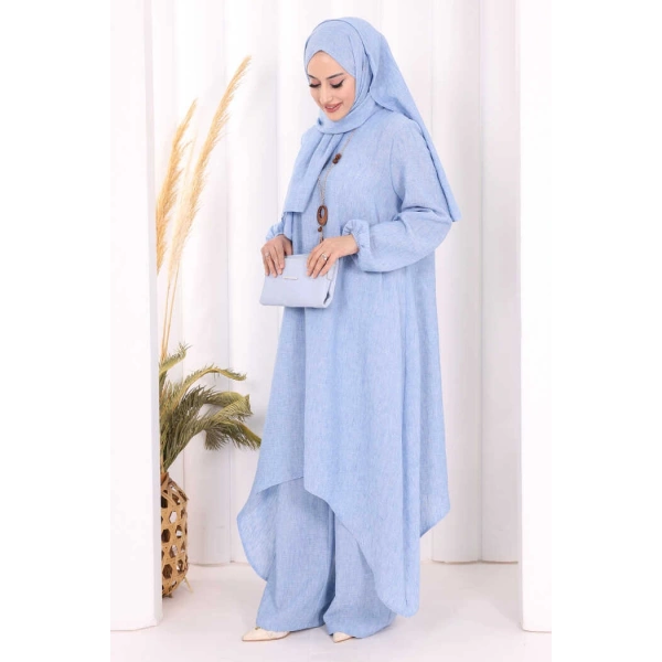 Kolyeli Tunik Pantolon Takım ŞAL HEDİYE! 8020 İndigo
