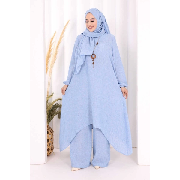 Kolyeli Tunik Pantolon Takım ŞAL HEDİYE! 8020 İndigo