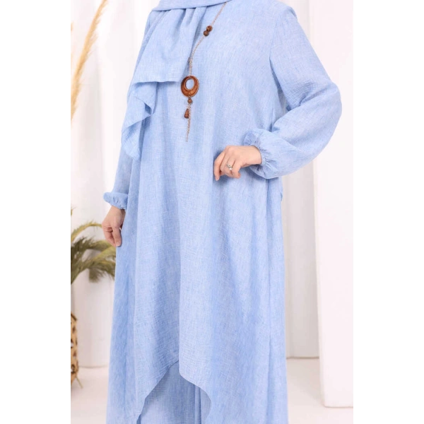 Kolyeli Tunik Pantolon Takım ŞAL HEDİYE! 8020 İndigo
