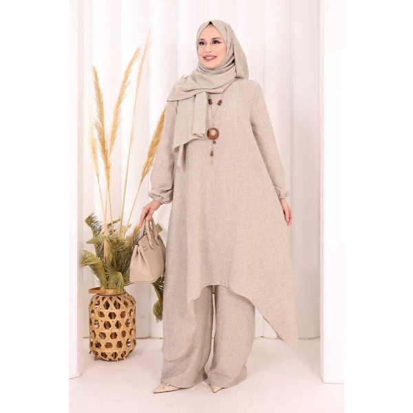 Kolyeli Tunik Pantolon Takım ŞAL HEDİYE! 8020 Vizon
