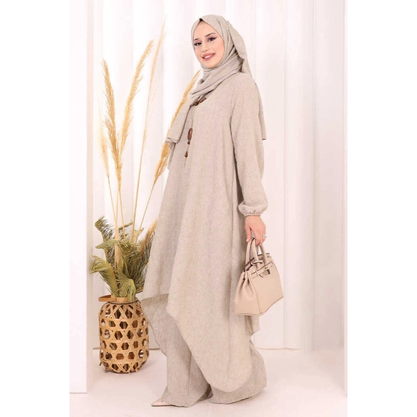 Kolyeli Tunik Pantolon Takım ŞAL HEDİYE! 8020 Vizon