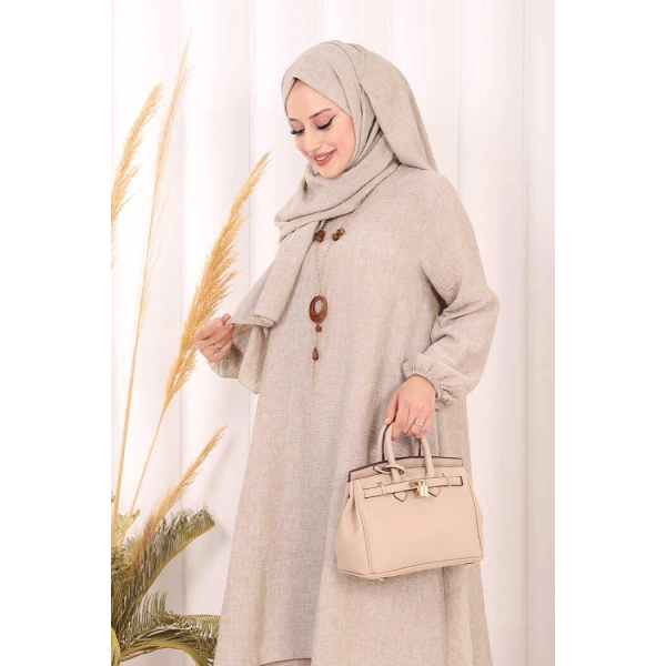 Kolyeli Tunik Pantolon Takım ŞAL HEDİYE! 8020 Vizon