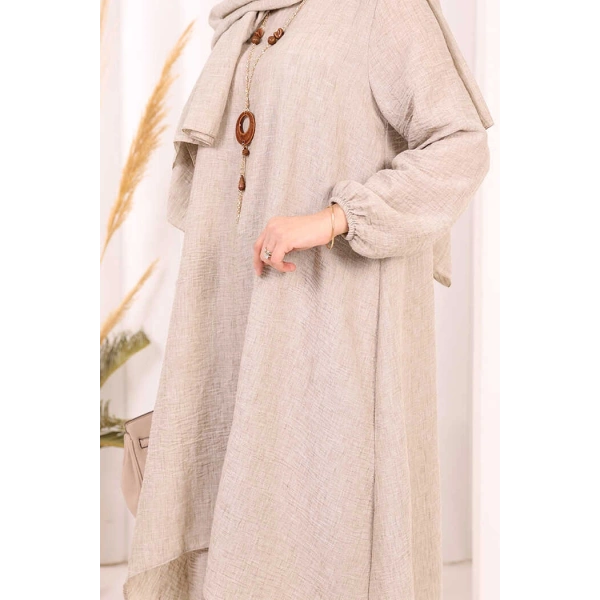 Kolyeli Tunik Pantolon Takım ŞAL HEDİYE! 8020 Vizon