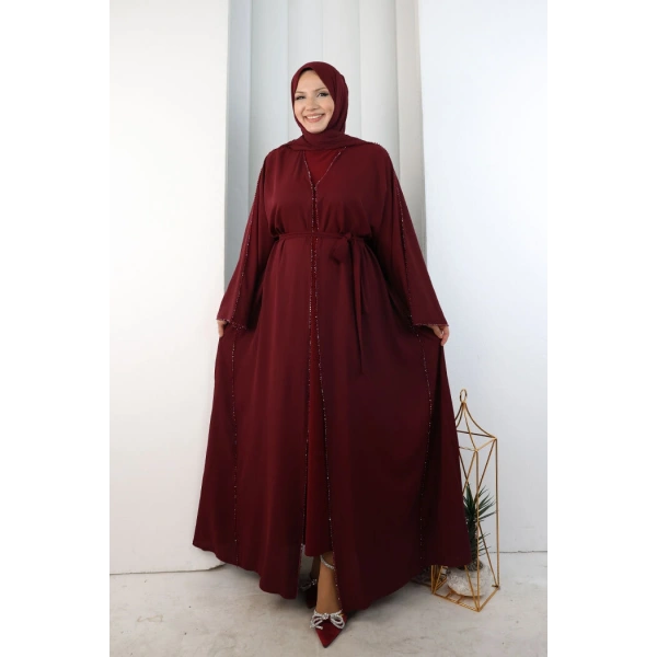 Kristal Taşlı Şallı Abaya 9205 Bordo
