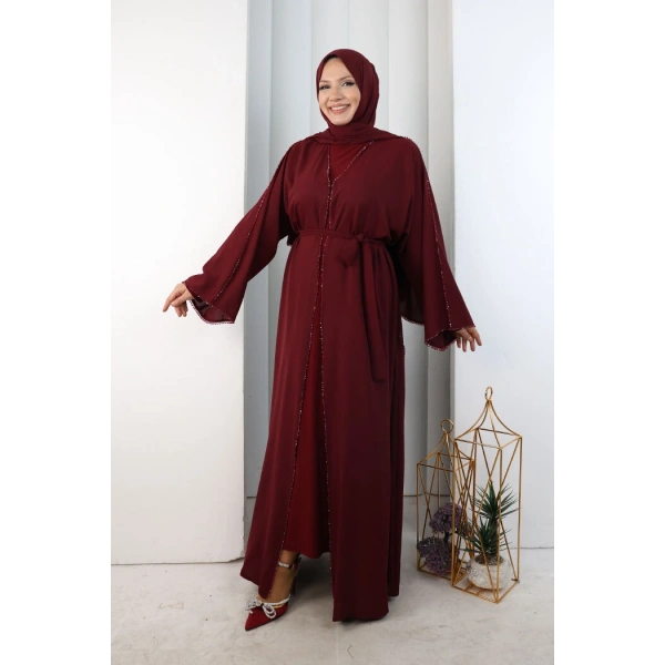 Kristal Taşlı Şallı Abaya 9205 Bordo