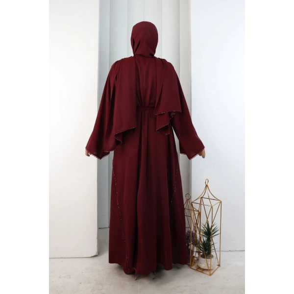 Kristal Taşlı Şallı Abaya 9205 Bordo