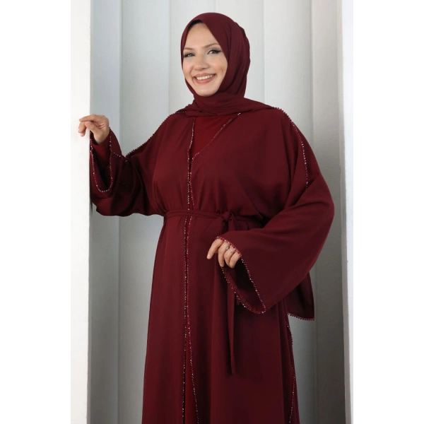 Kristal Taşlı Şallı Abaya 9205 Bordo