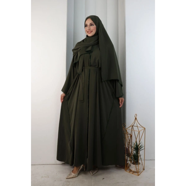 Kristal Taşlı Şallı Abaya 9205 Haki