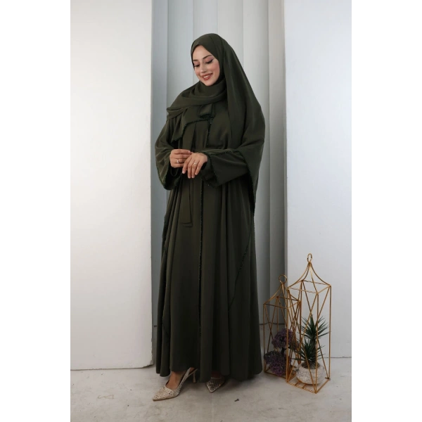Kristal Taşlı Şallı Abaya 9205 Haki